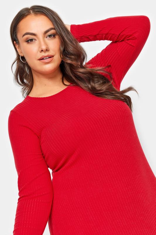 YOURS Curve Red Ribbed Long Sleeve Swing Dress | Yours Clothing 4