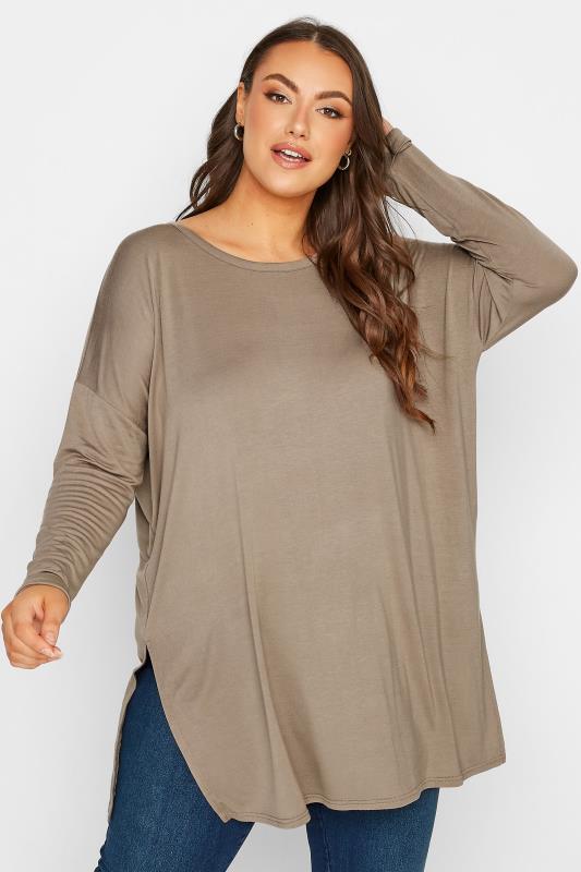 Plus Size  Curve Brown Long Sleeve Oversized T-Shirt