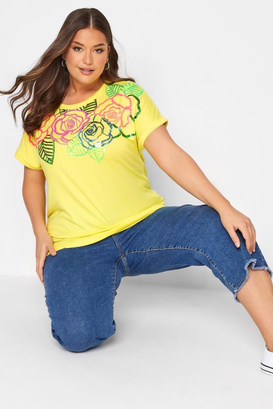 Plus Size Yellow Floral Sequin Embellished T-Shirt | Yours Clothing 3