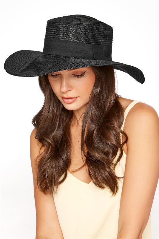 Black Straw Wide Brim Boater Hat | Yours Clothing 1