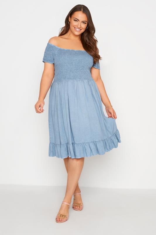 Plus Size  Blue Acid Wash Shirred Bardot Dress
