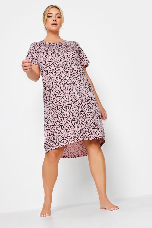 YOURS Plus Size Light Pink Heart Print Midi Nightdress | Yours Clothing 2