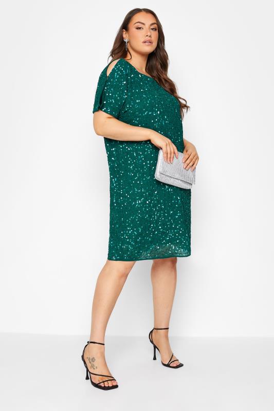  Grande Taille LUXE Curve Forest Green Sequin Hand Embellished Cape Dress