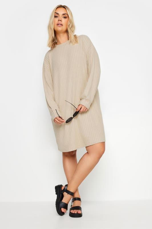  Tallas Grandes YOURS Curve Natural Brown Soft Touch Ribbed Jumper Dress