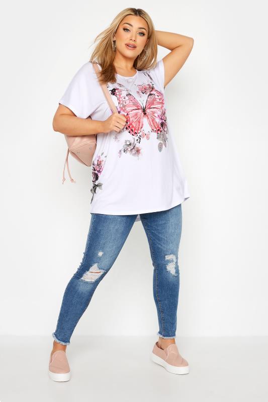 Curve White Butterfly Print Grown On Sleeve T-Shirt 2