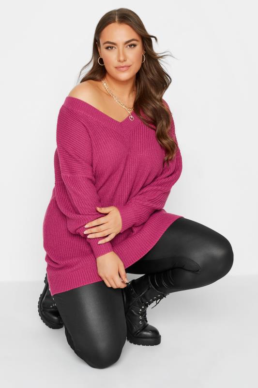 Plus Size  Curve Pink V-Neck Knitted Jumper