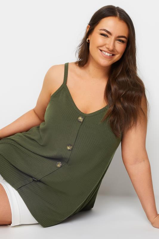 YOURS Plus Size Khaki Green Ribbed Button Front Cami Top | Yours Clothing 4