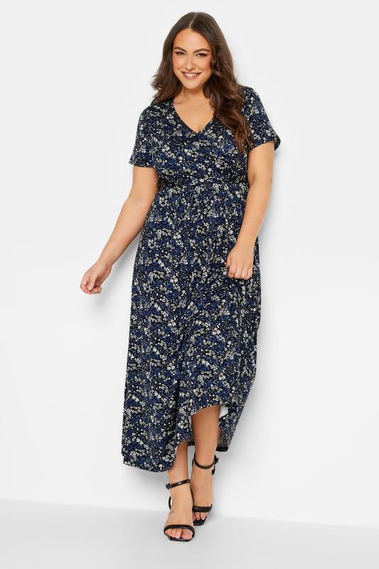 YOURS Plus Size Navy Blue Ditsy Print Wrap Front Tie Maxi Dress | Yours Clothing 2