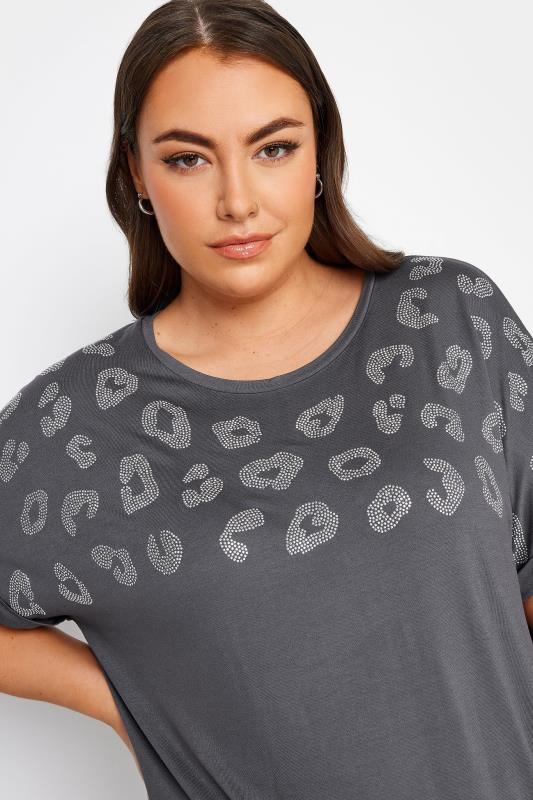 YOURS Plus Size Grey Leopard Print Stud T-Shirt | Yours Clothing 4