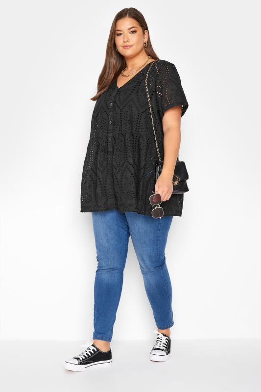 Curve Black Broderie Anglaise Lace Peplum Top 2