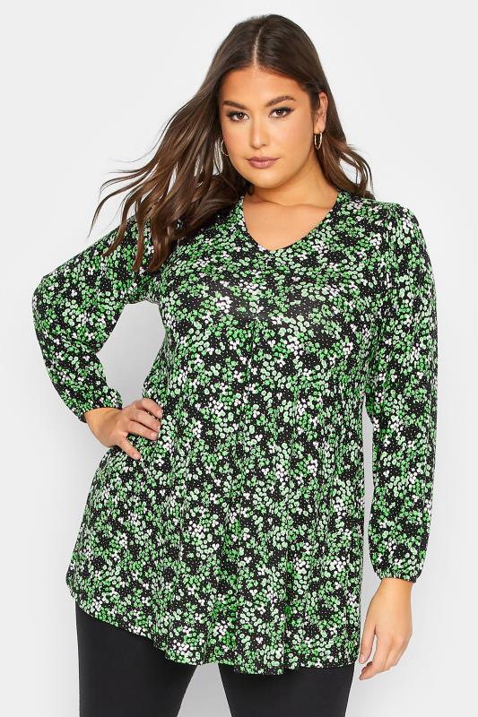  dla puszystych YOURS Curve Green & Black Floral Print Balloon Sleeve Pleat Top