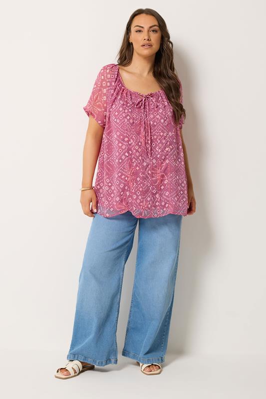 YOURS Curve Pink Geometric Ikat Print Pintuck Blouse | Yours Clothing 1