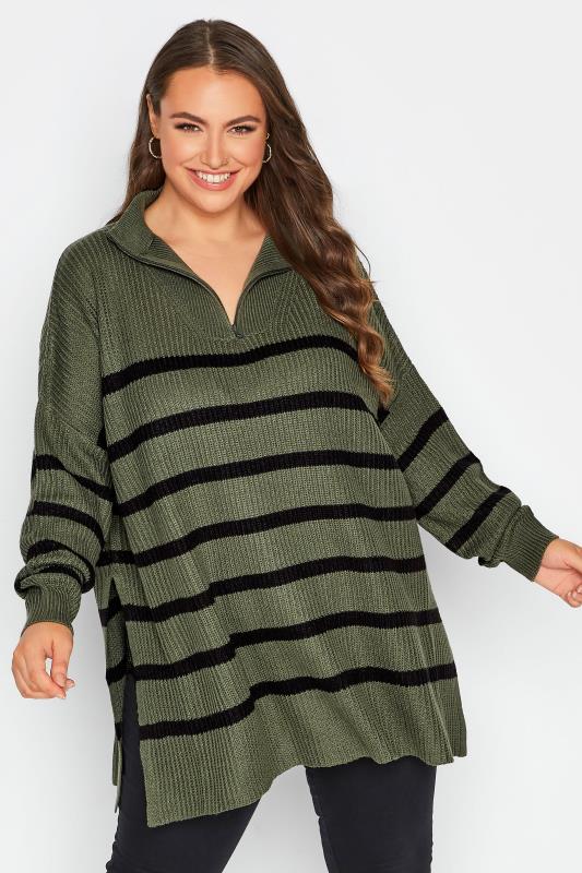 Curve Khaki Green Stripe Quarter Zip Knitted Jumper | Yours Clothing  1