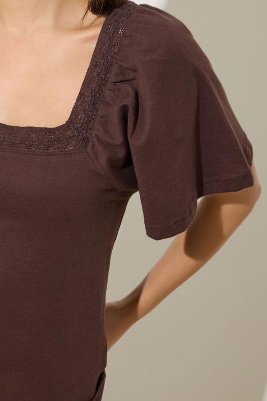 PixieGirl Petite Women's Chocolate Brown Crochet Trim Flutter Sleeve Cotton T-Shirt | PixieGirl 4