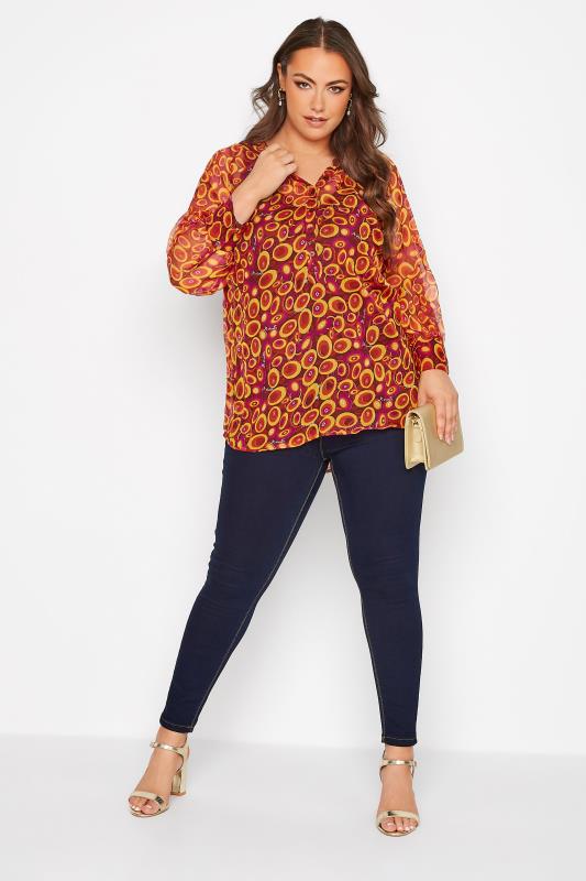 Plus Size Orange Retro Swirl Print Balloon Sleeve Shirt | Yours Clothing 2