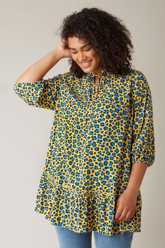 Plus Size  EVANS Curve Yellow Leopard Print Tie Neck Blouse