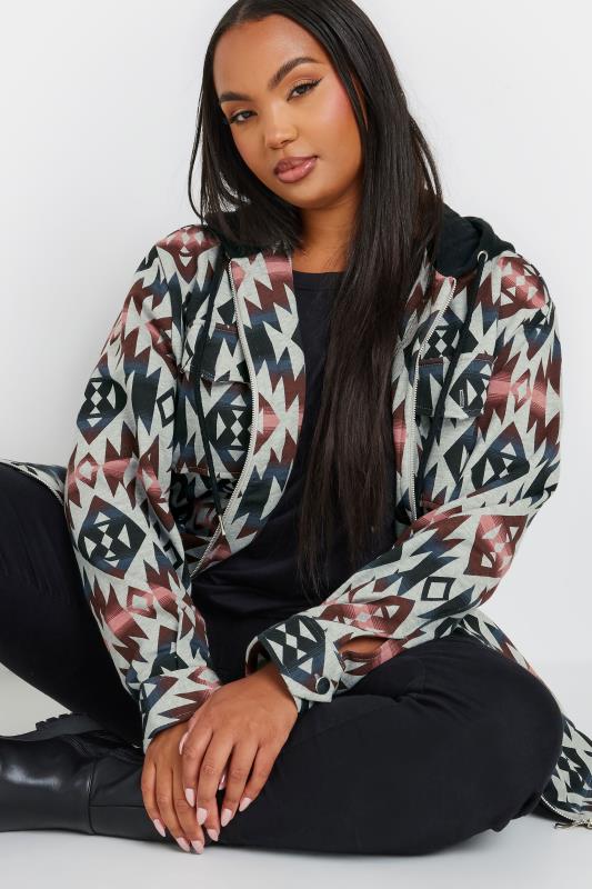 YOURS Plus Size Grey Aztec Print Hooded Shacket | Yours Clothing 5