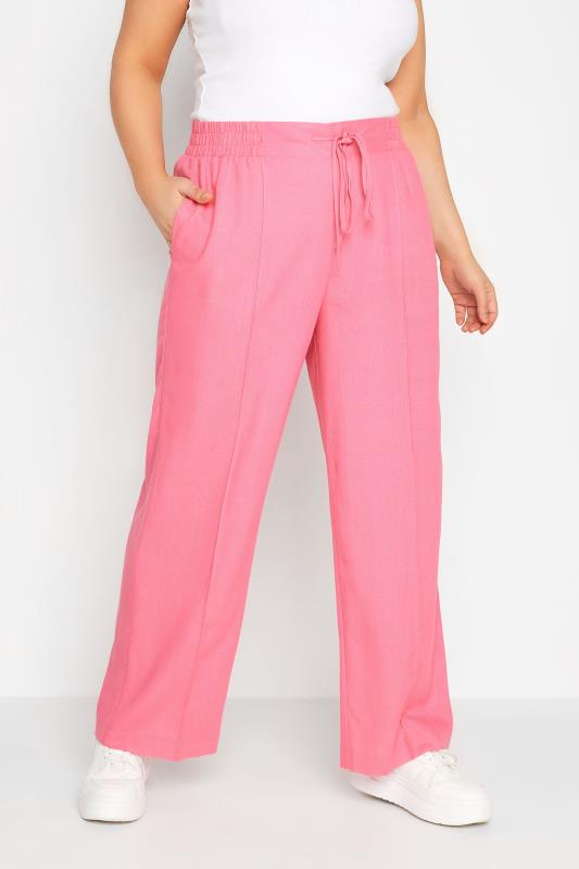 Plus Size  YOURS Curve Hot Pink Wide Leg Linen Look Trousers