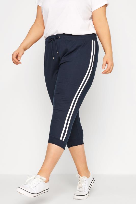 Plus Size Navy Blue Side Stripe Cropped Joggers | Yours Clothing 1