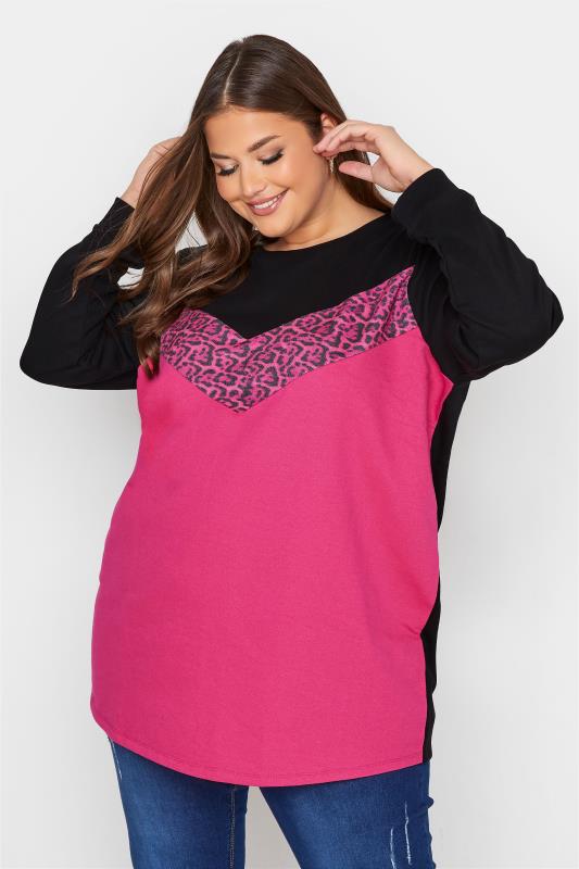 Plus Size  Curve Pink Leopard Print Panel Sweatshirt