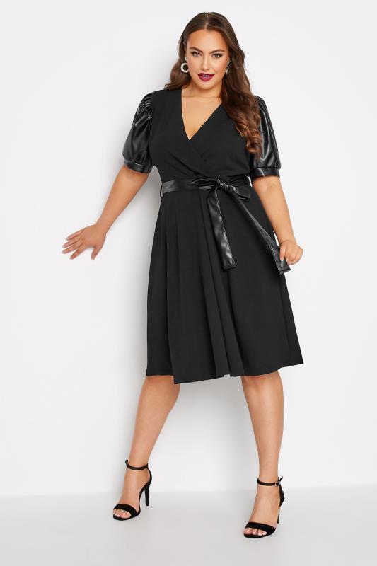 YOURS LONDON Curve Black Leather Look Puff Sleeve Wrap Dress | Yours Clothing 2