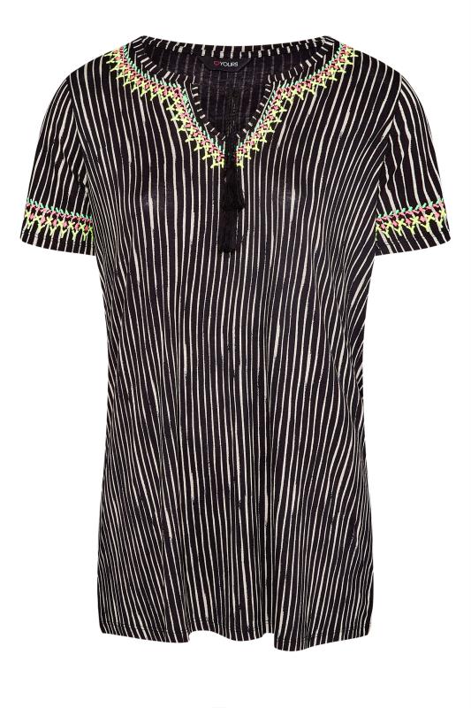 Plus Size Black Stripe Embroidered Tie Neck Top | Yours Clothing  6