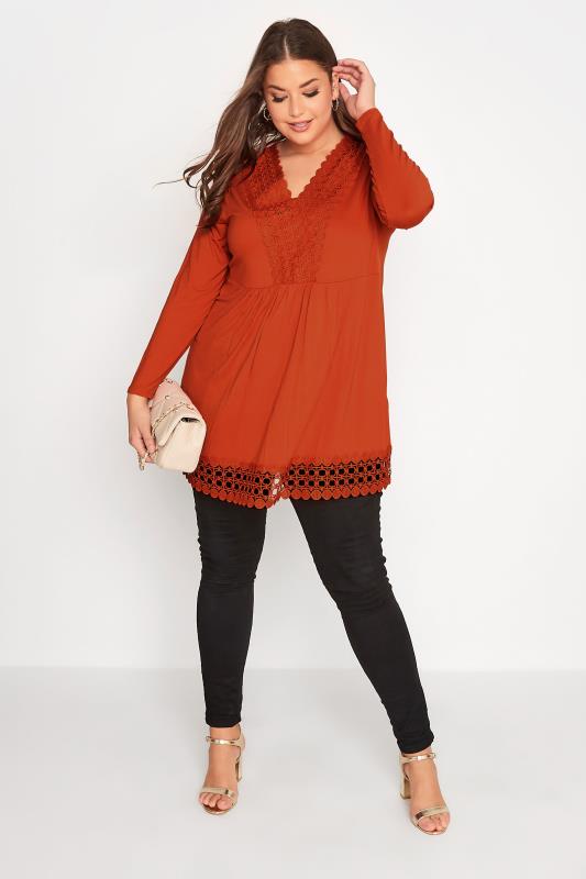Plus Size Orange Crochet Trim Long Sleeve Tunic Top | Yours Clothing 2