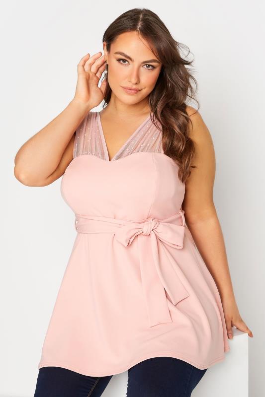 YOURS LONDON Plus Size Pink Mesh Peplum Top | Yours Clothing  4