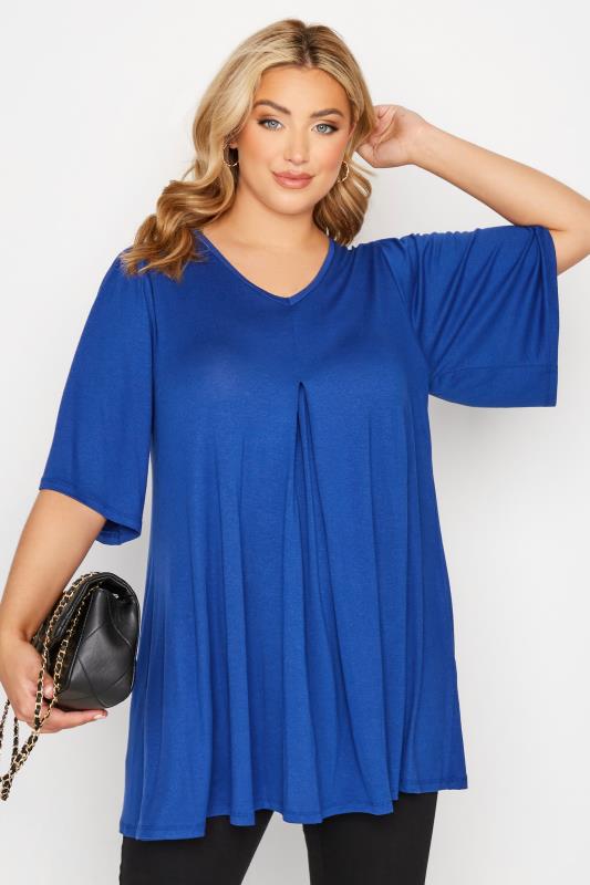 Plus Size Cobalt Blue Pleat Angel Sleeve Swing Top | Yours Clothing 1