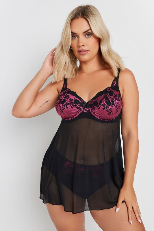  Tallas Grandes YOURS Curve Black & Pink Lace Underwired Babydoll