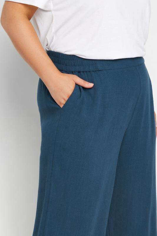 YOURS Plus Size Navy Blue Wide Leg Cropped Linen Trousers | Yours Clothing  4