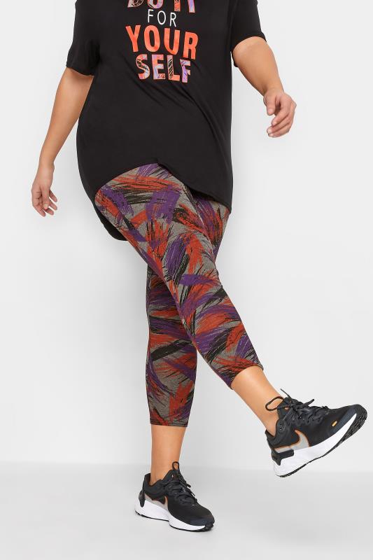 YOURS ACTIVE Plus Size Curve Grey & Purple Slash Print Leggings | Yours Clothing  1