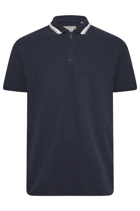STUDIO A Big & Tall Navy Blue Textured Zip Polo Shirt | BadRhino 4