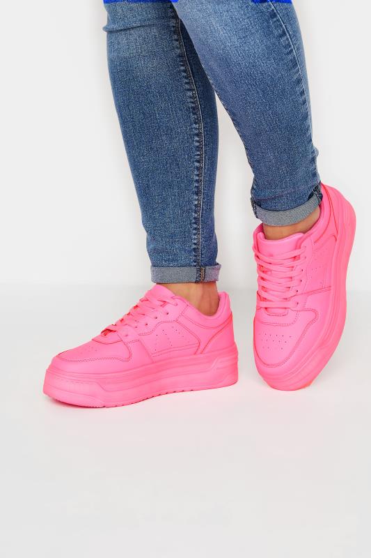 Neon Pink Chunky Trainers In Extra Wide EEE Fit | Yours Clothing  1