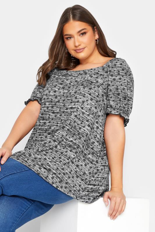 YOURS Plus Size Charcoal Grey Marl Ditsy Floral Top | Yours Clothing 1