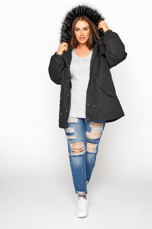 Curve Black Balloon Sleeve Faux Fur Lined Hooded Parka 1