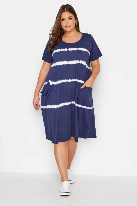 YOURS FOR GOOD Plus Size Navy Blue Tie Dye Drape Pocket Dress | Yours Clothing 2
