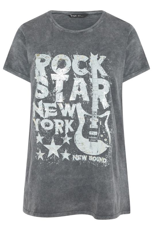 YOURS Plus Size Grey Acid Wash 'Rock Star' Printed T-Shirt | Yours Clothing 6