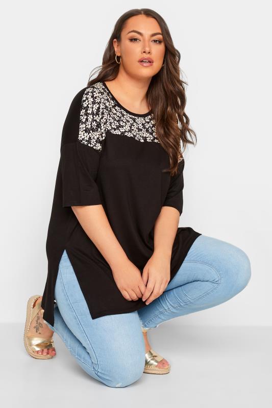 YOURS Plus Size Black Floral Panel Top | Yours Clothing 4
