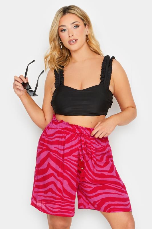 YOURS Plus Size Pink Animal Print Tassel Beach Shorts | Yours Clothing 1