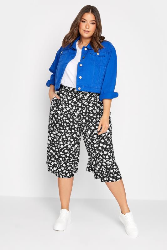 YOURS Curve Black & White Floral Print Culottes | Yours Clothing 2