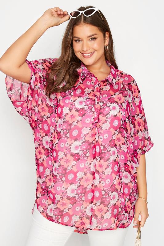 Plus Size Pink Floral Print Batwing Blouse | Yours Clothing  1