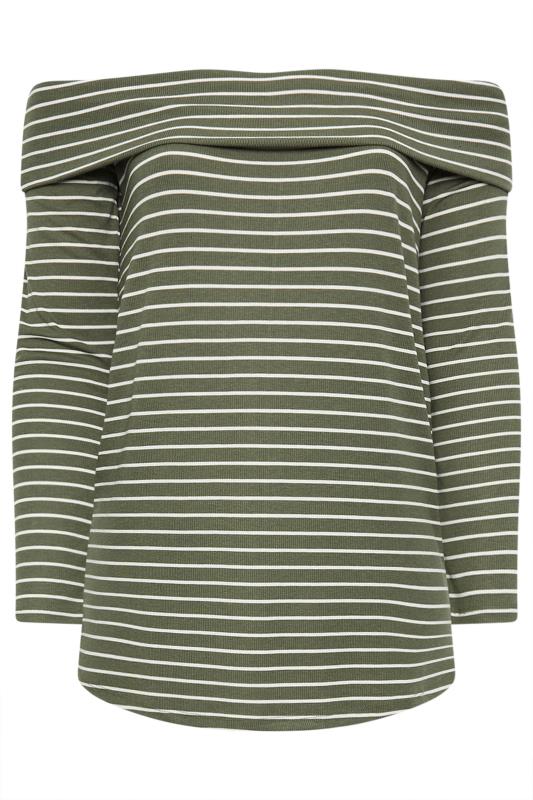 YOURS Plus Size Green Stripe Long Sleeve Bardot Top | Yours Clothing 6
