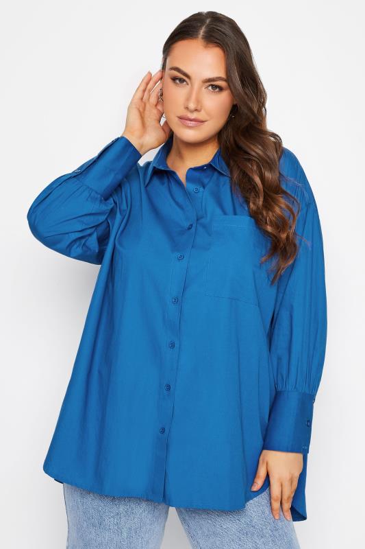 Plus Size Blue Oversized Poplin Shirt | Yours Clothing 1