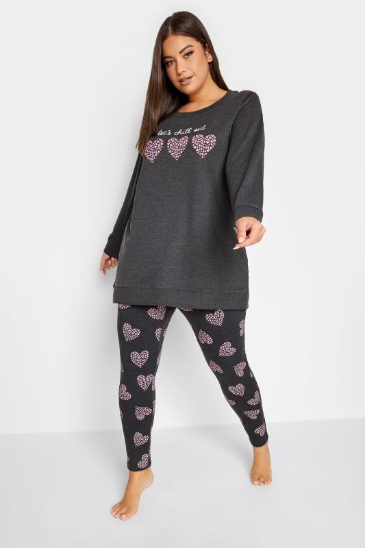 YOURS Curve Grey 'Let's Chill Out' Heart Print Lounge Set | Yours Clothing 1