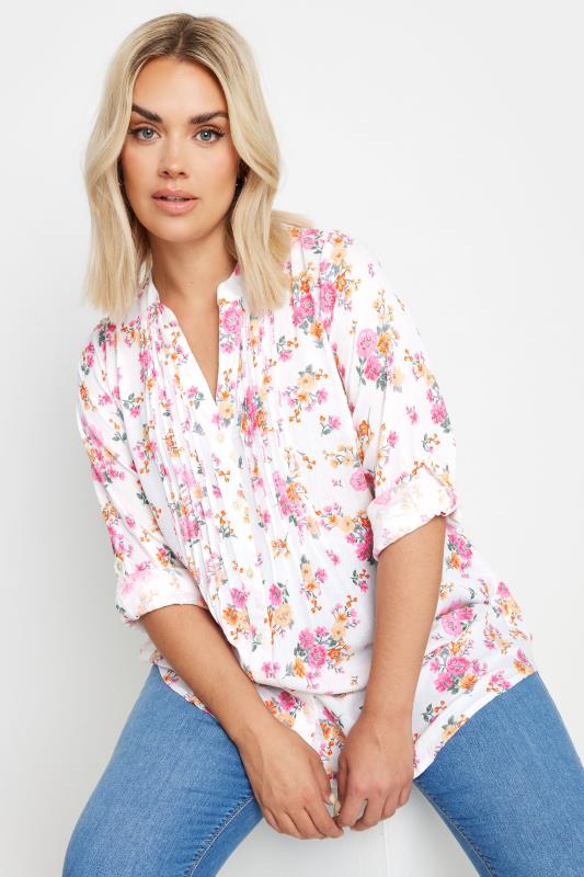 YOURS Plus Size White Floral Print Pintuck Embellished Shirt | Yours Clothing 1