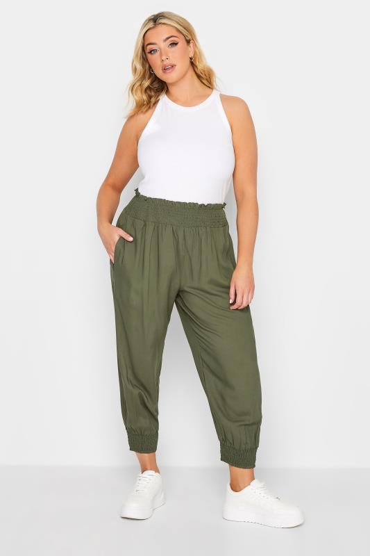 YOURS Curve Khaki Green Shirred Waist Cropped Harem Trousers | Yours Clothing 2