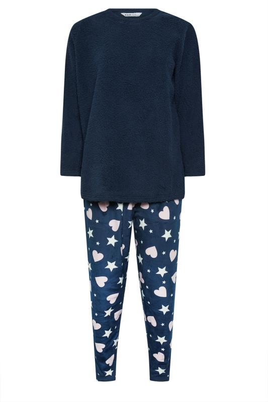 YOURS Plus Size Navy Blue Star & Heart Print Teddy Fleece Lounge Set | Yours Clothing 6