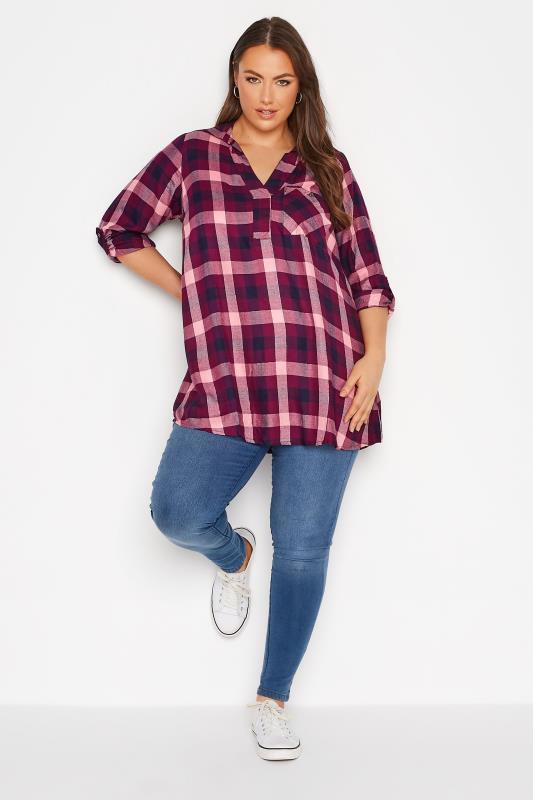 Plus Size Berry & Pink Metallic Overhead Check Shirt | Yours Clothing 2