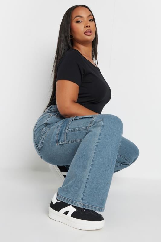 Plus Size  YOURS Curve Mid Blue Wide Leg Cargo Jeans